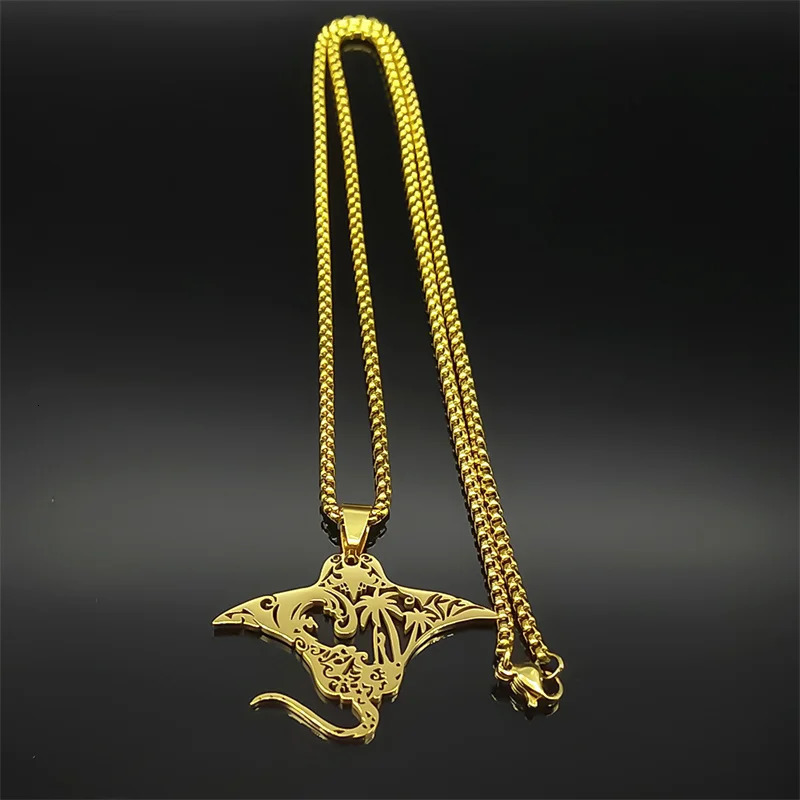 Cute Manta Ray Sea Devil Fish Pendant Necklace For Women Men Stainless Steel Gold Silver Color Coconut Tree Nature Chain Jewelry 250812