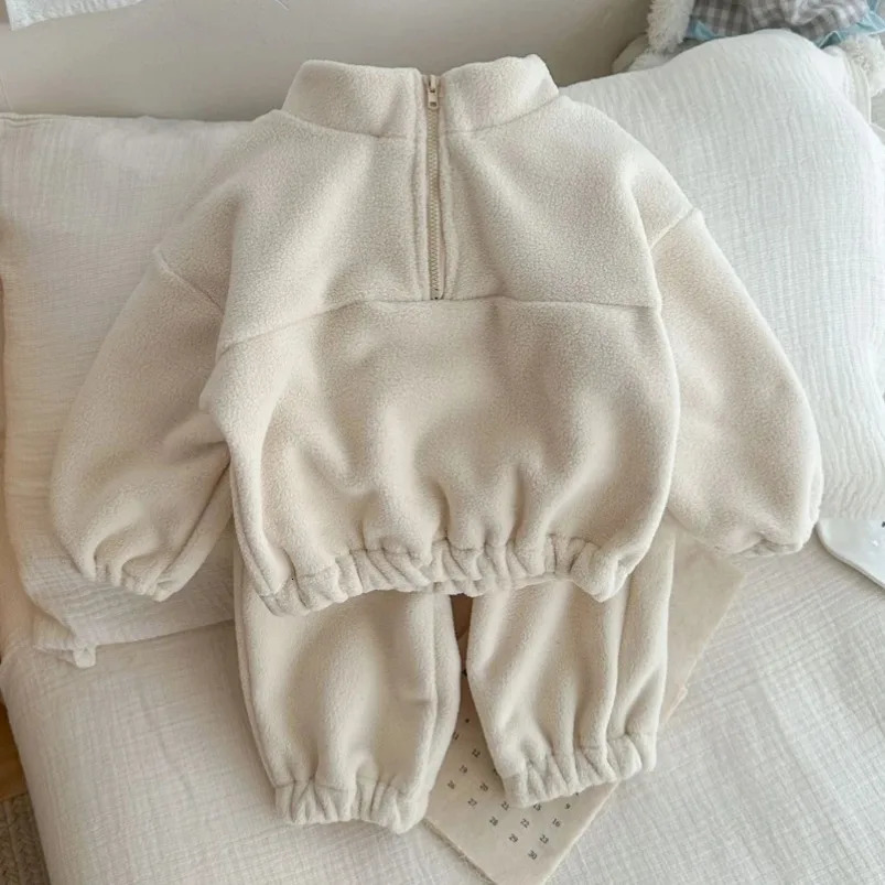 Baby Clothes Sets Girls Boys CoatsPants 2Pcs Sports Suits Solid Color Thicken Fleece Warm Toddler Winter Casual Tracksuit 250813