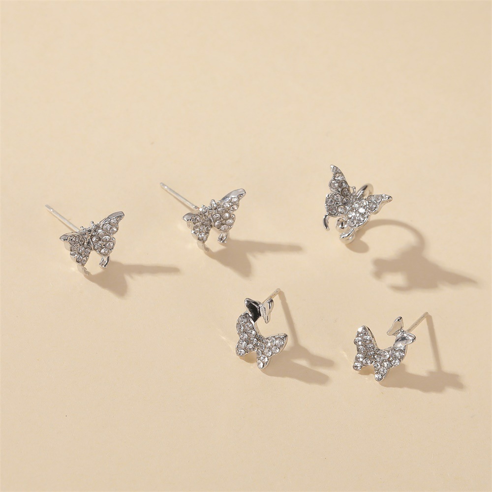 Korean Version Classic Elegant Two Butterflies Sweet Light Simple Rhinestone Butterfly Stud Earrings
