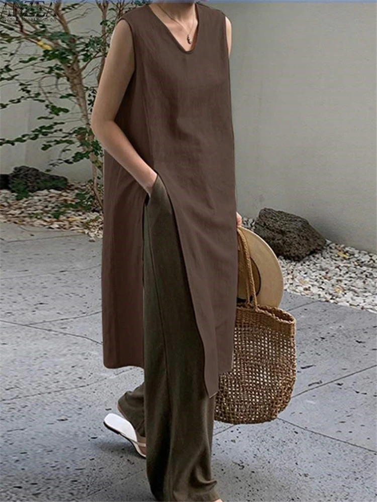 REALEFT Summer Vintage Cotton Linen Womens Dresses Sleeveless High Waist Casual V-Neck Side Split A-Line Dress Female 250813