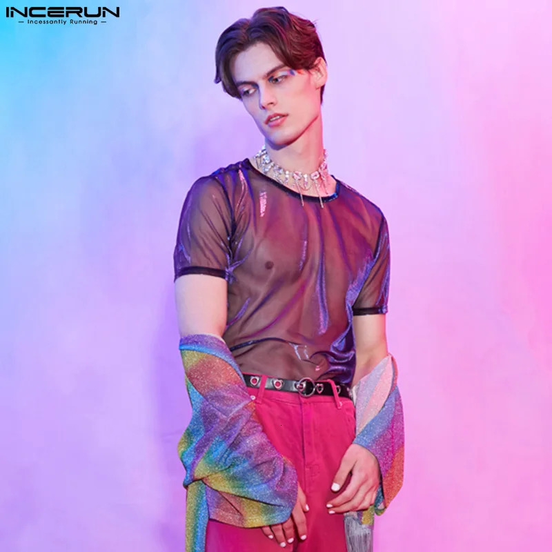 INCERUN Men T Shirt Mesh See Through Shiny O Neck Short Sleeve Sexy Tee Tops Streetwear Solid Party Nightclub Men Clothing 250813