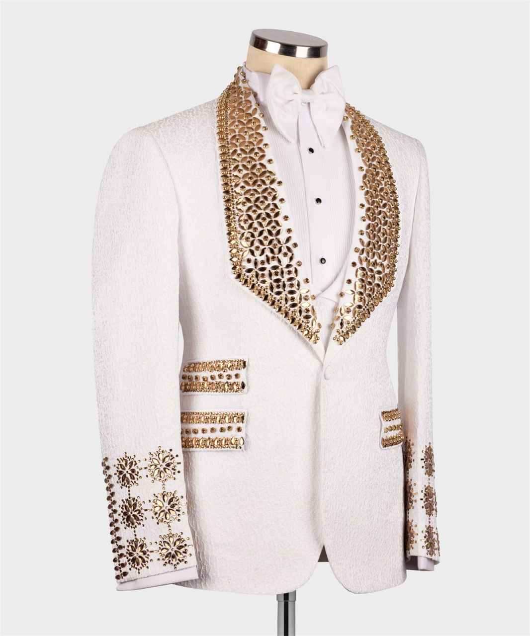 Gold Gem Stone Crytals Men Suits Shawl Lapel Groom Wedding Tuxedo 3 Pieces Sets Dinner Party Blazers Customized Costume Homme