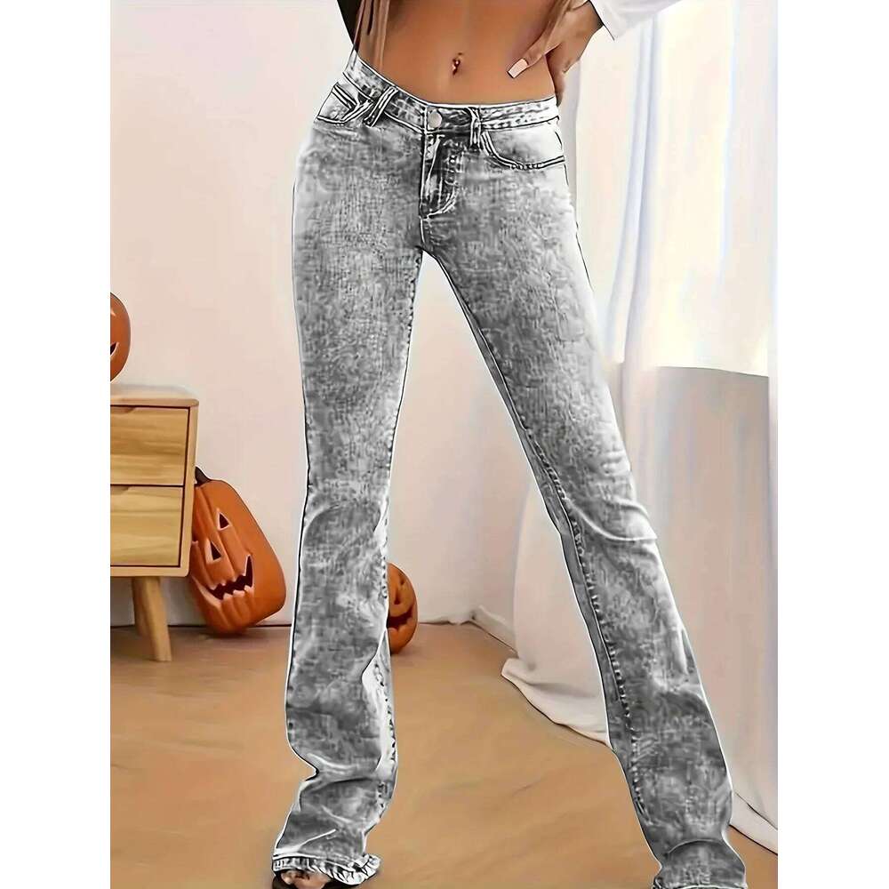 Fashion Women's Gray Low-Rise Slim Fit Bootcut Jeans, Y2K Style, Snow Wash, Streetwear Elegant Denim Pants