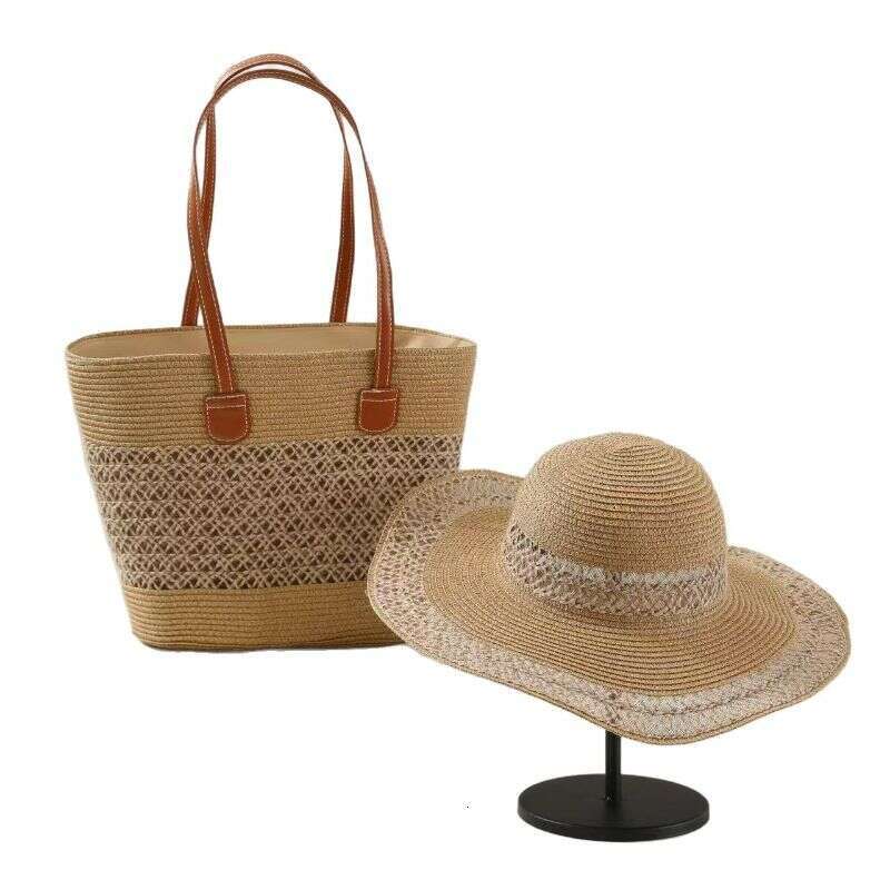 Handle Bags Large-capacity Bag Set, Large Eaves Sunshade Straw Hat, Single-striped, Single-shoulder Woven Beach Bag, Women's Trend