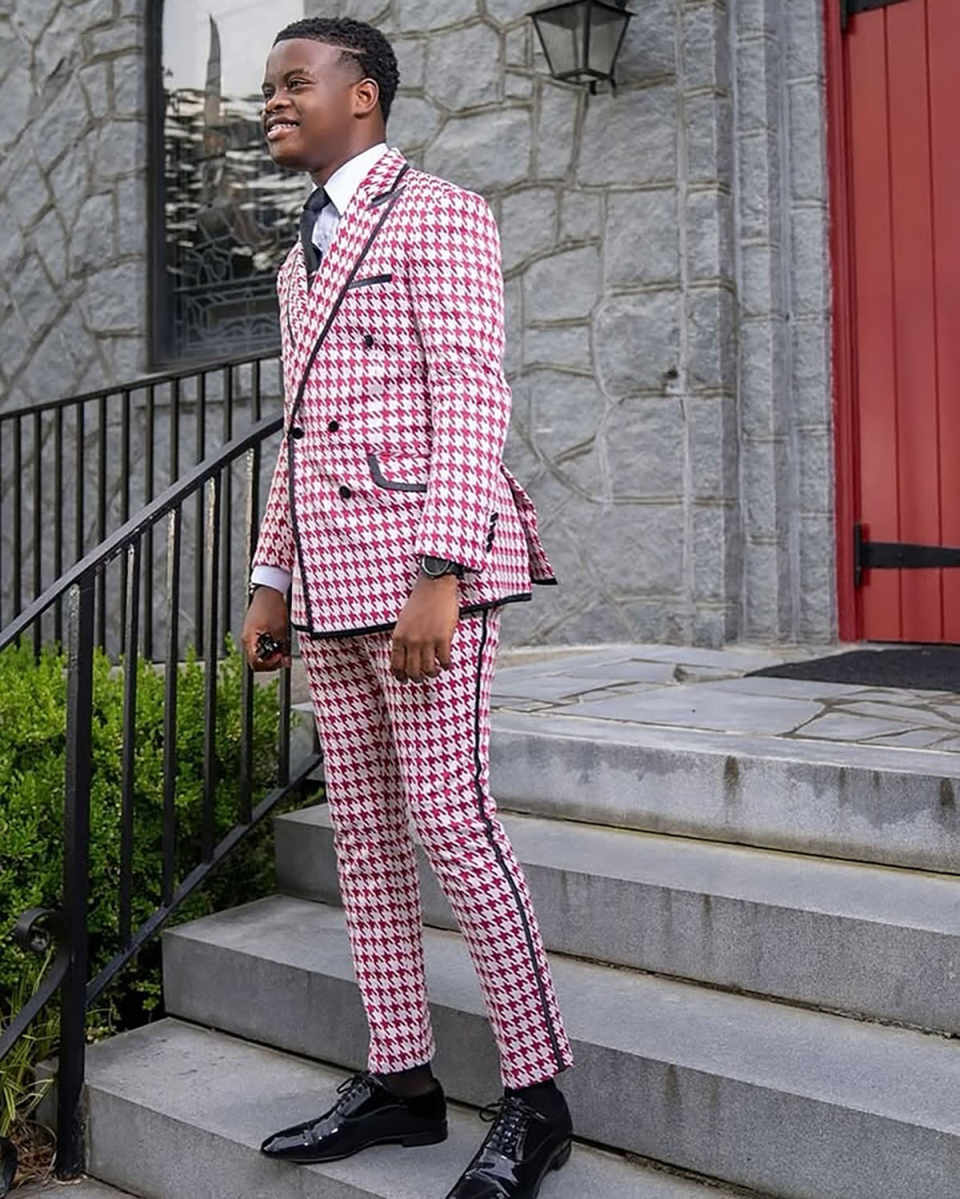 Classic Fit Houndstooth Wedding Tuxedos Peaked Lapel 2 Pcs Jacket Pants Men Suit Double Breasted Evening Party Blazer Customized