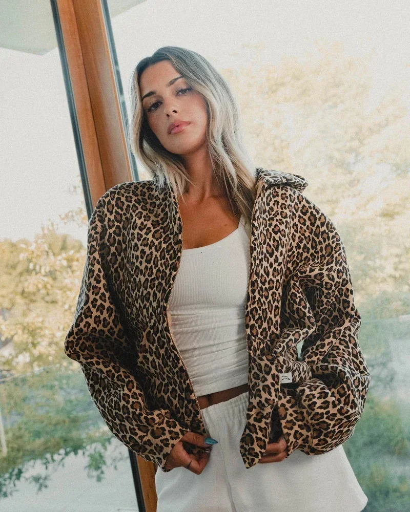 Leopard Print Plus Velvet Hooded Sweater American Retro 90s Lined With Plush Winter Warm Zipper Shirt Oversized Unisex Clothing 250813