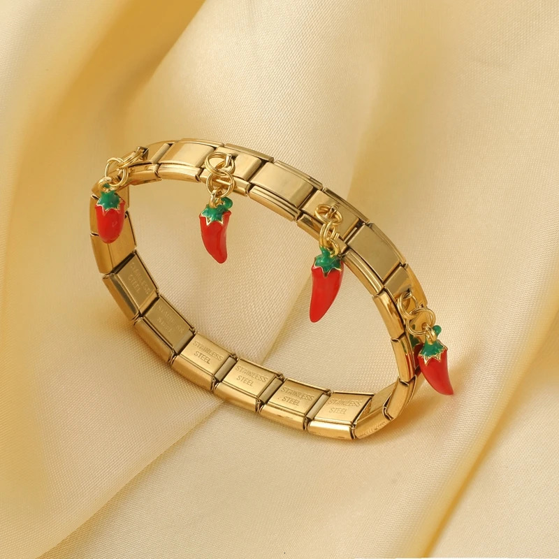 Y2K Golden Cherry Pendant Stainless Steel Elastic Italian Links Charm Bracelet 9mm Width Simple Bangle Women DIY Jewelry 250813