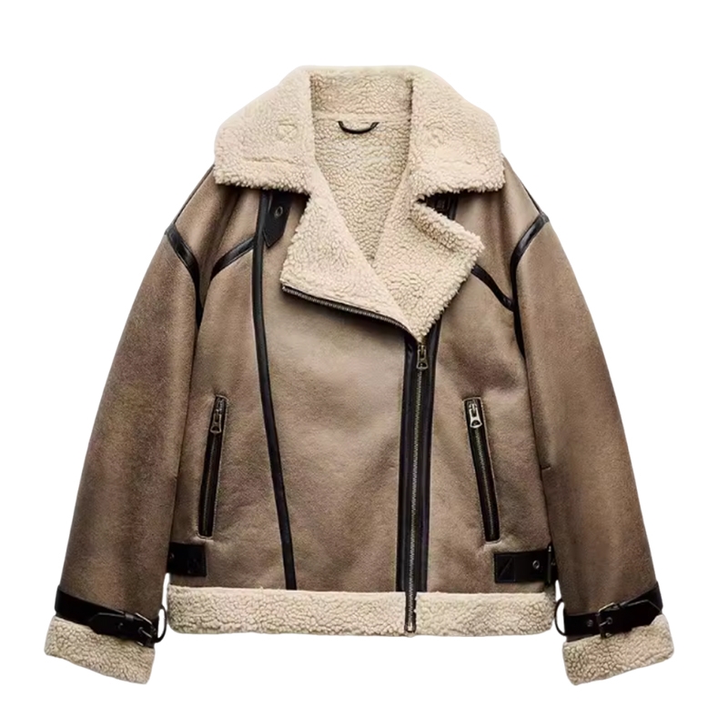 Splicing fur and leather one-piece jacket for early spring season women's clothing, autumn and winter temperament, popular fur motorcycle style j