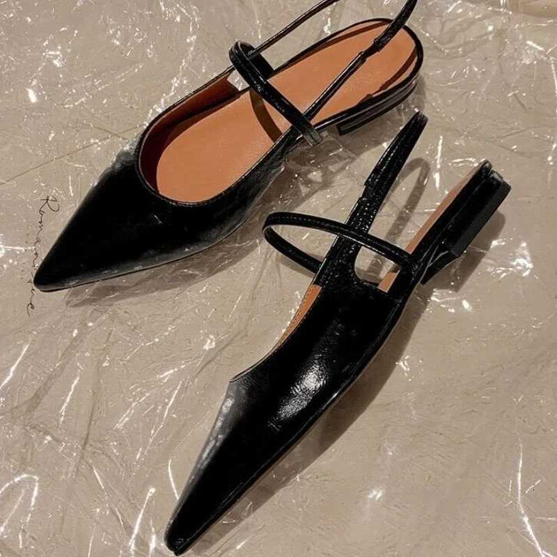 New Women Baotou Patent Leather One Line Buckle Strap Cat Heel Sandals Female Sexy Black Silk Pointed Thin Heel Flat Shoes W250814