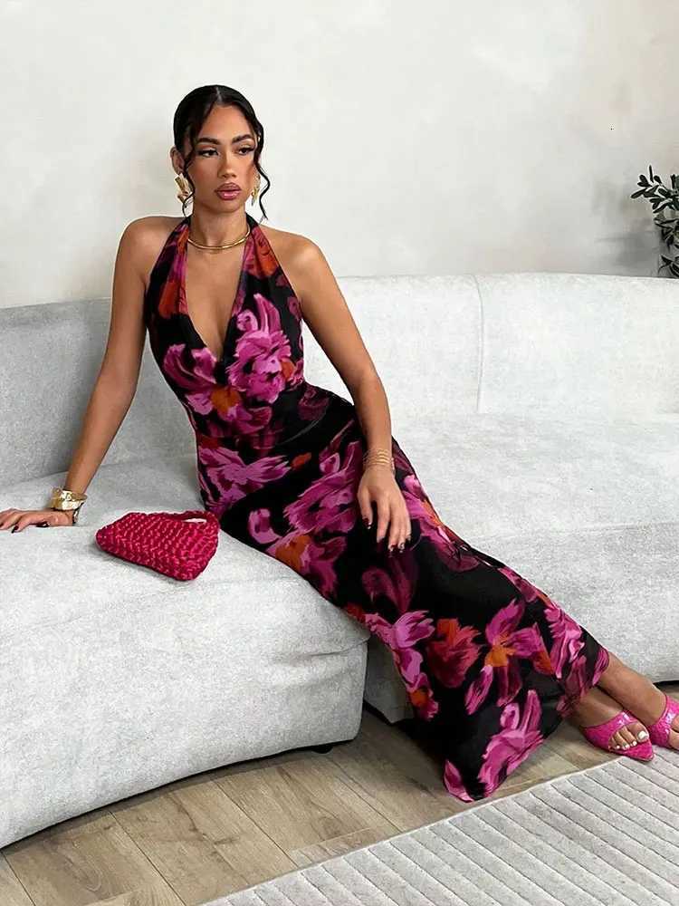 Women New Dresses Summer Streetwear Fashion Halter Casual Slim Dress Red Sexy Print Sleeveless Lady Ele Mesh Dress Clothing XJ250814