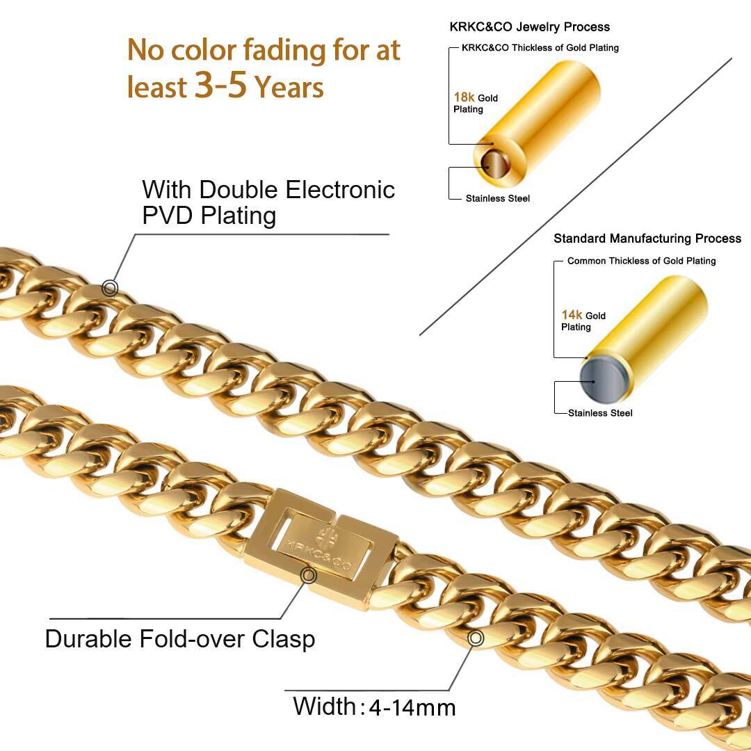 KRKC Wholesale Jewelry 8mm 10mm 12mm 18K Gold PVD Stainless Steel Miami Cuban Link Necklace Fold Over Clasp Mens Chains