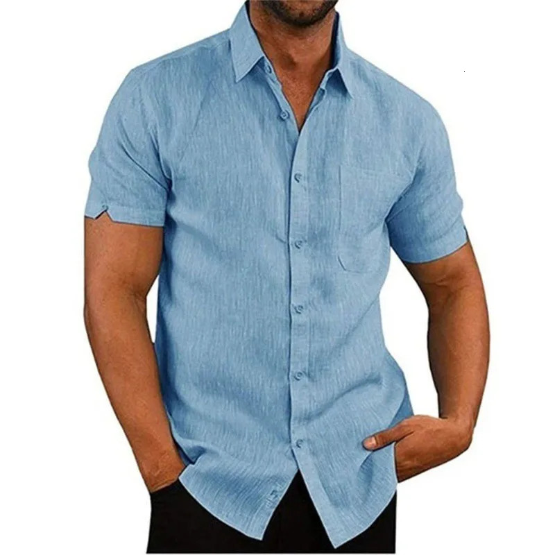 Summer Polo Collar Solid Short Sleeve Button Mens Shirt Mens Clothing 250813