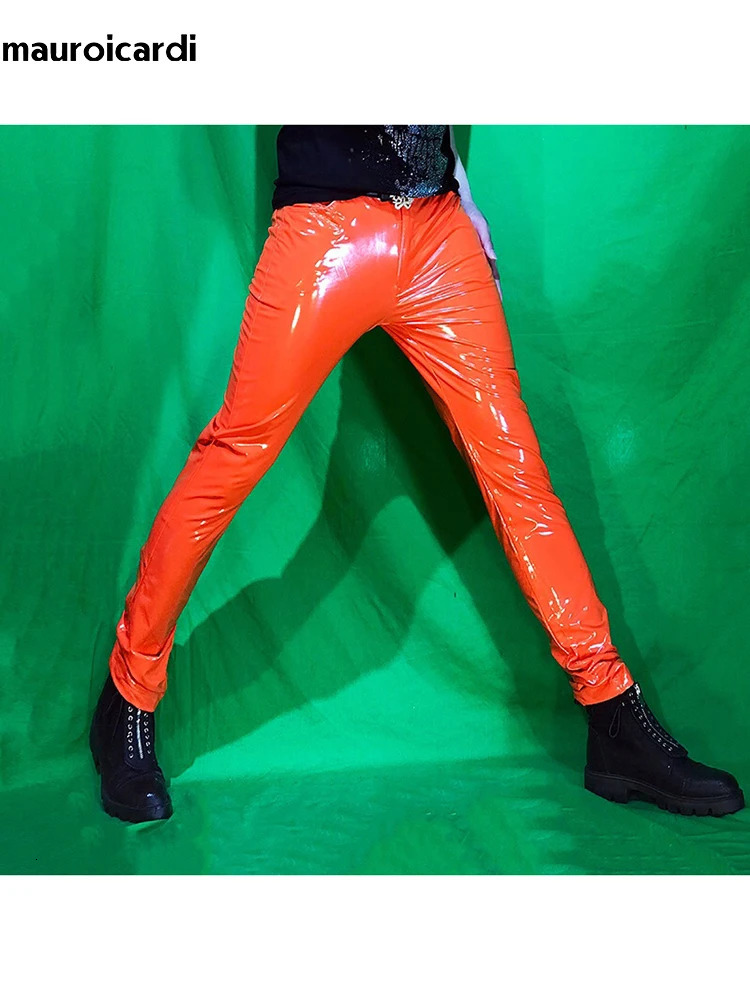 Mauroicardi Spring Skinny Sexy Shiny Reflective Stretchy Thin Orange Yellow Blue Patent Pu Leather Pants Men Y2K Streetwear 250813
