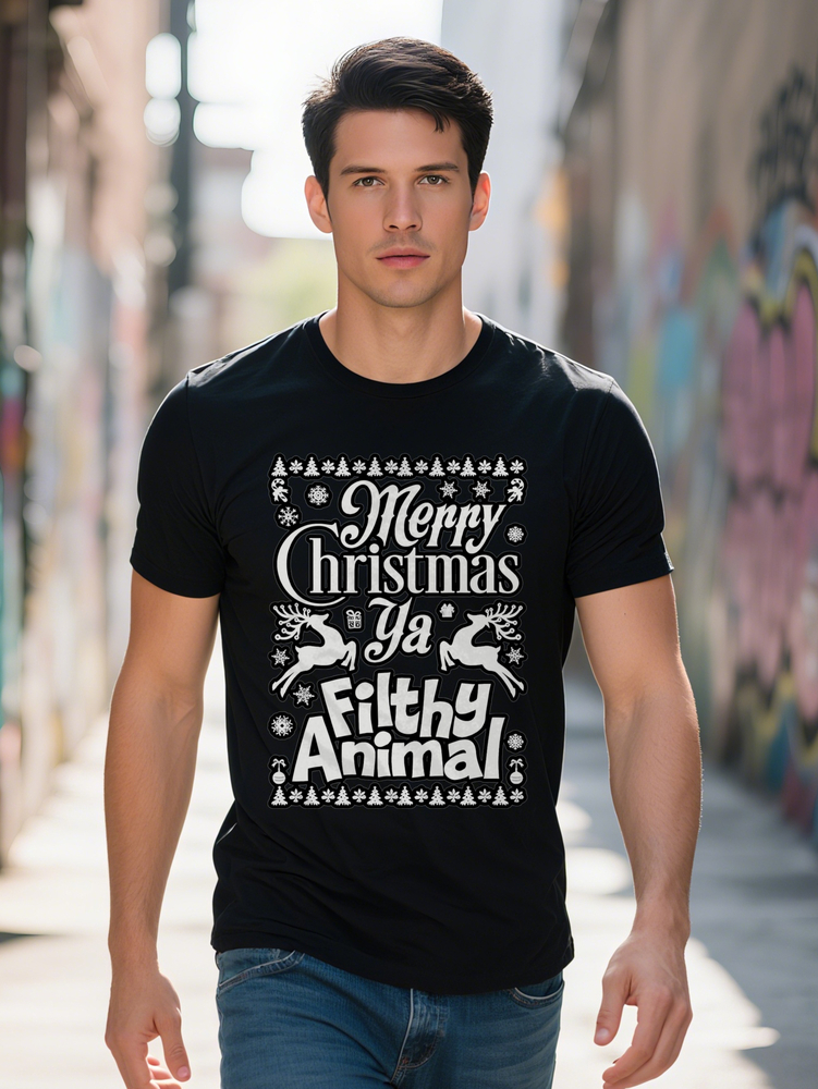 Men s Casual Short Sleeve T Shirt Black Graphic Print with Merry Ya Filthy Animal Slogan Reindeer Snowflake Round