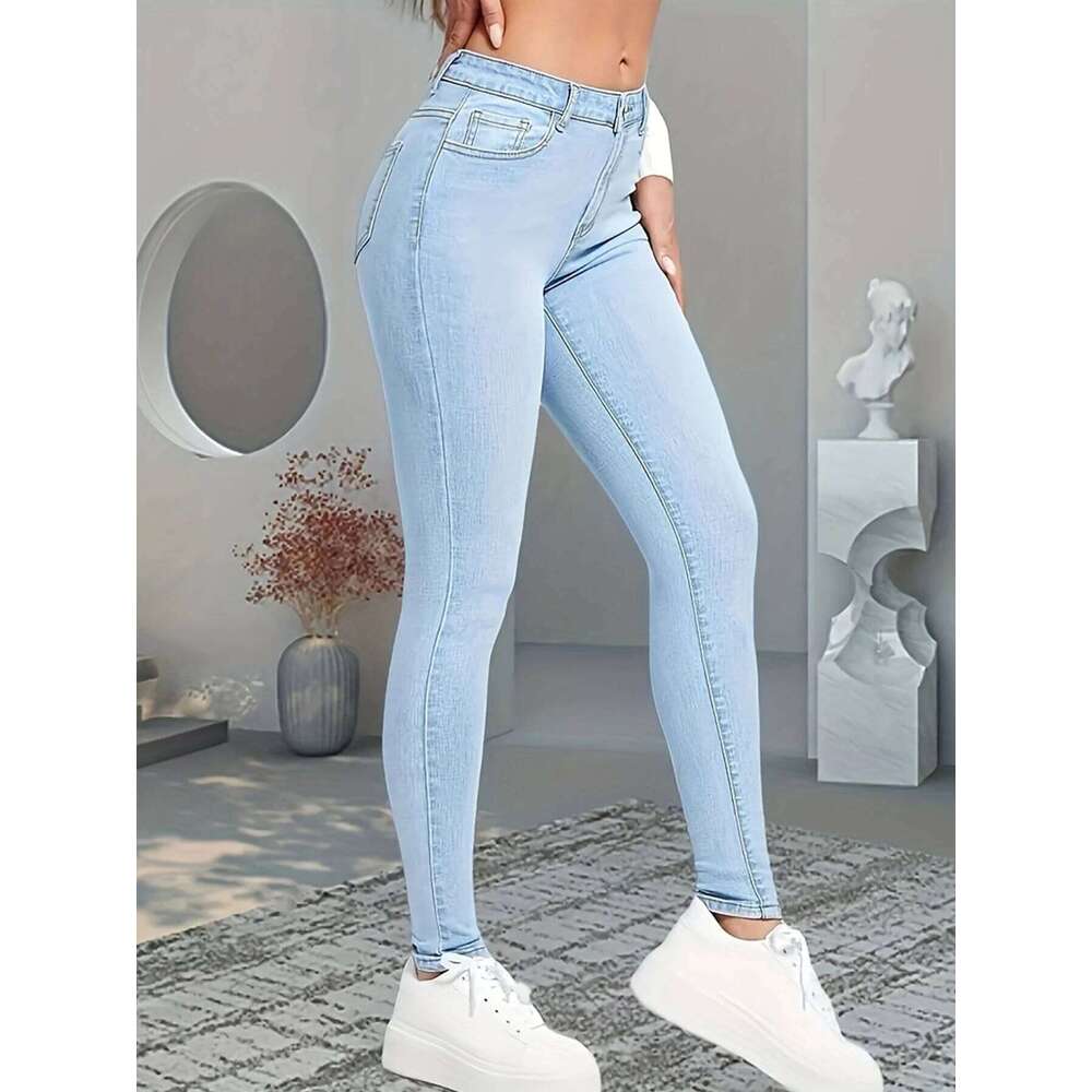 Women's High Waisted Elastic Slim Jeans Slanted Pockets Washed Blue High-Quality Comfortable Fit Suitable for Daily Wea