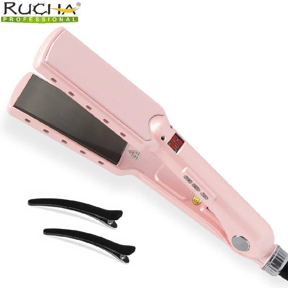 RUCHA Professional Hair Straightener Wide Plate Titanium Flat Iron Rapid Heating LCD Display PTC Treatment Hair Iron and Brush W250814