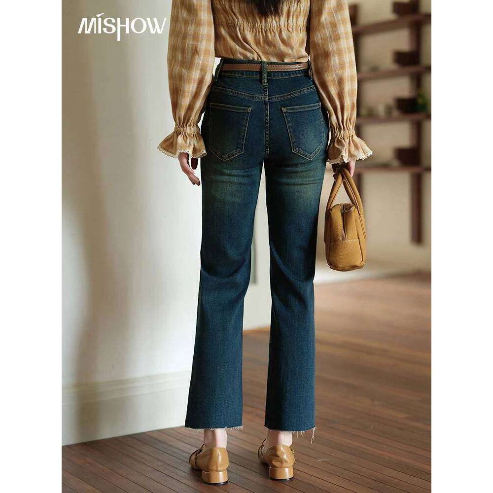 MISHOW Retro Denim Blue Ankle-Length Pants 2025 Autumn Moustache Effect Asymmetric Pant Legs Versatile Casual Jeans MXE42K1025