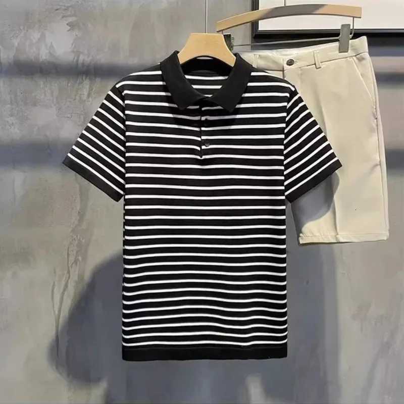 Summer Ice Silk T-Shirt Casual Slim Fit Lapel Breathable Quick Drying Mens Golf Polo Shirt Striped Short Sleeved Business Top XJ250804