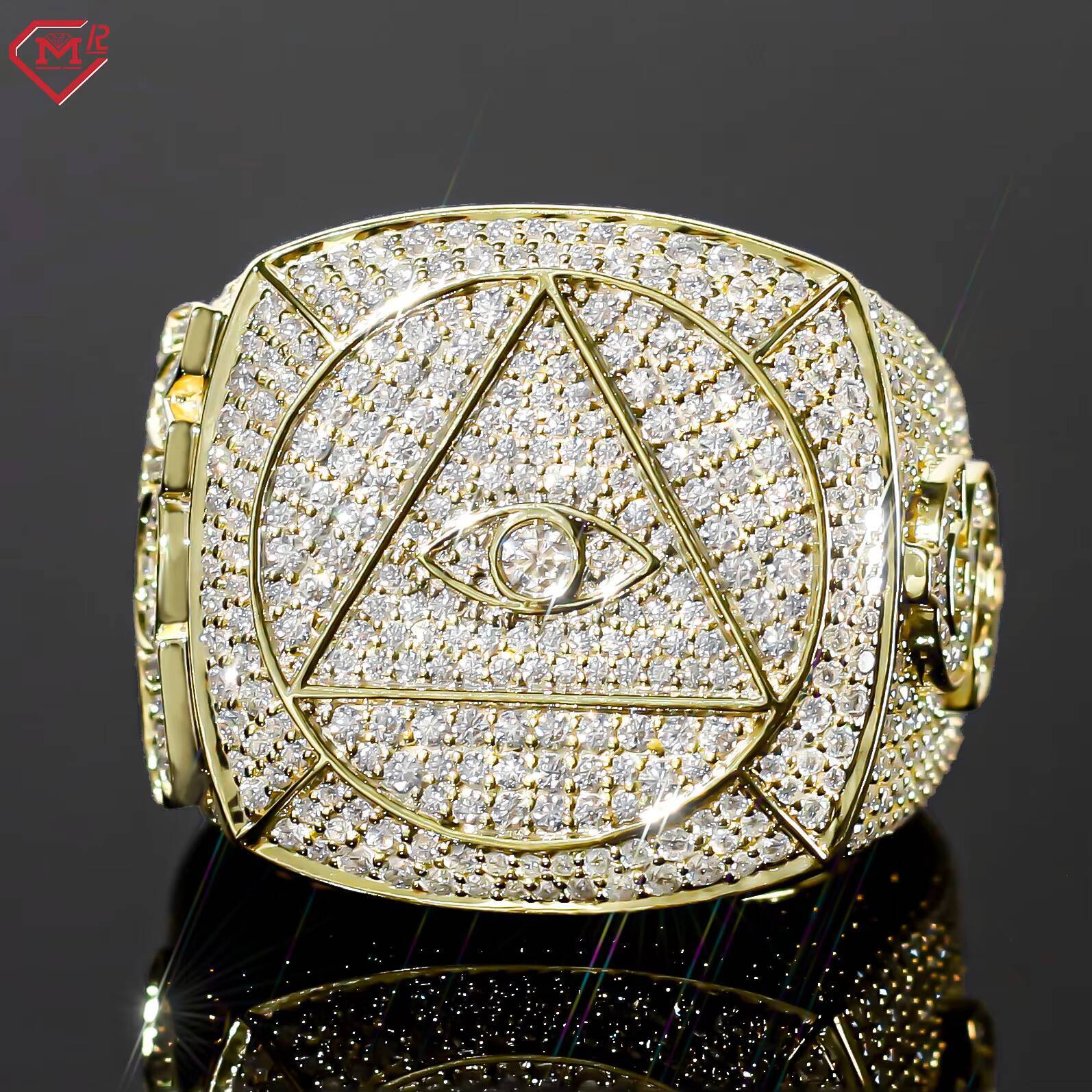 Custom Hip Hop Champion Sier Moissanite Ring Men's Yellow Gold Plated Band