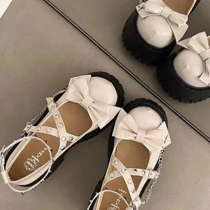 2025 Womens Shoes Ankle Straps Womens Pumps Platform Women Leather Bows Mary Jane Punk Gothic Chunky Heel Chaussures Femme 250814