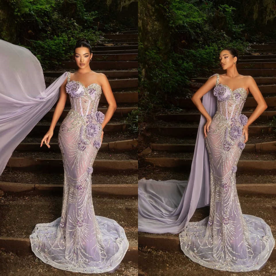 Gorgeous Mermaid Prom Gowns One Shoulder Floor Length Dresses Crystal Beading Flowers Evening Dresses Custom Made