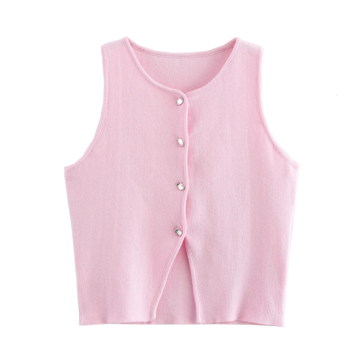 MUJER Pink Knit Sleeveless Vest Women Cropped Sweater Top Yellow Button Streetwear Waistcoat Knitwears 250805