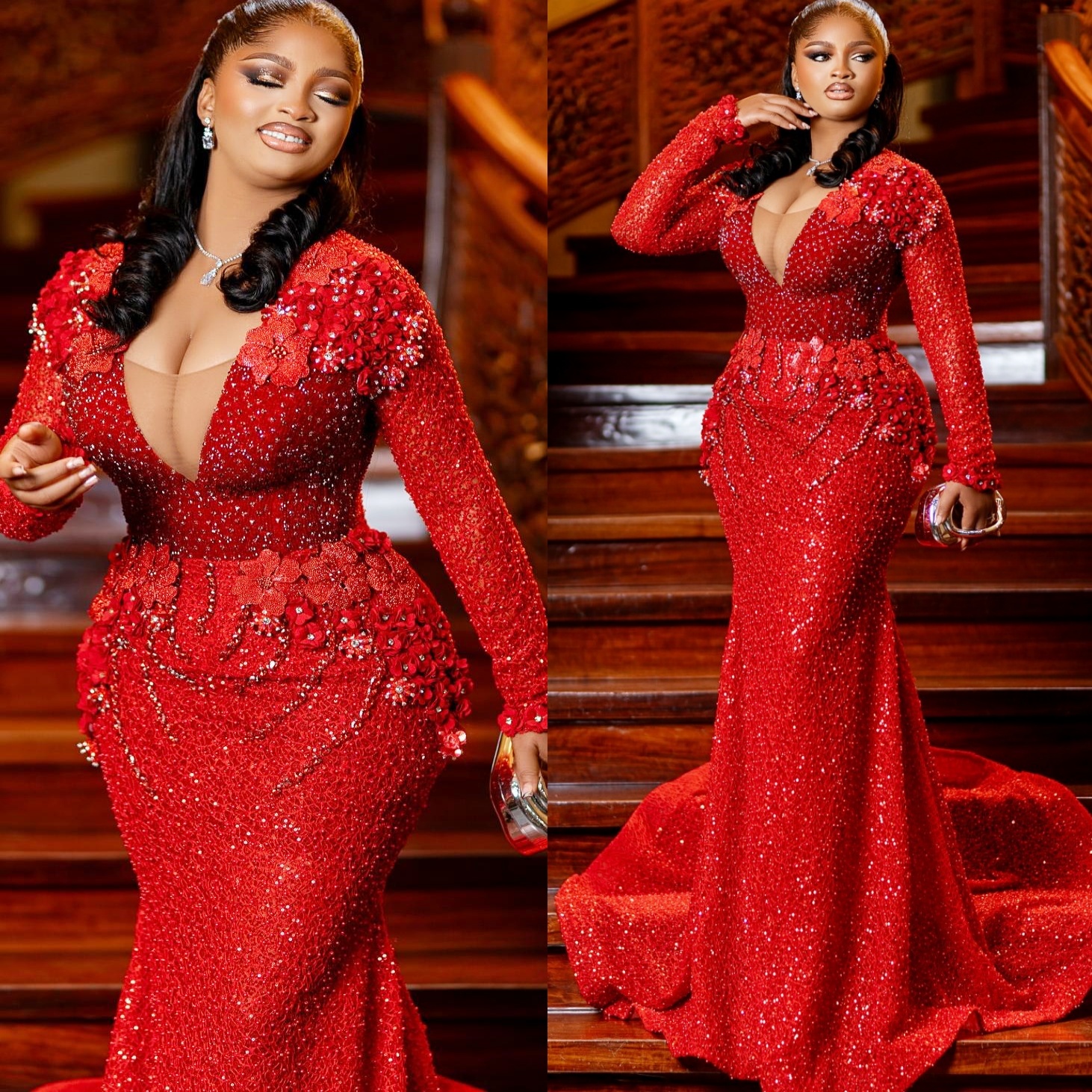 Red Mermaid Prom Dresses 2025 Flowers Crystals Beaded Deep V-neck Evening Formal Party Second Birthday Engagement Gowns Plus Size Dress For Special Oc