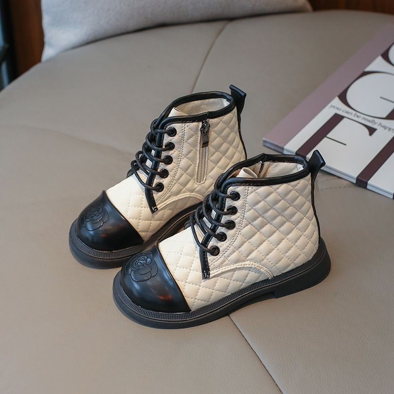 Girls Boots Kids Fashion Rubber Boots Toddler Elegant Plaid Girl Fall Winter Side Zip Boots for Children Princess PU Leather Shoe Sizes US9C-US4Y 0003