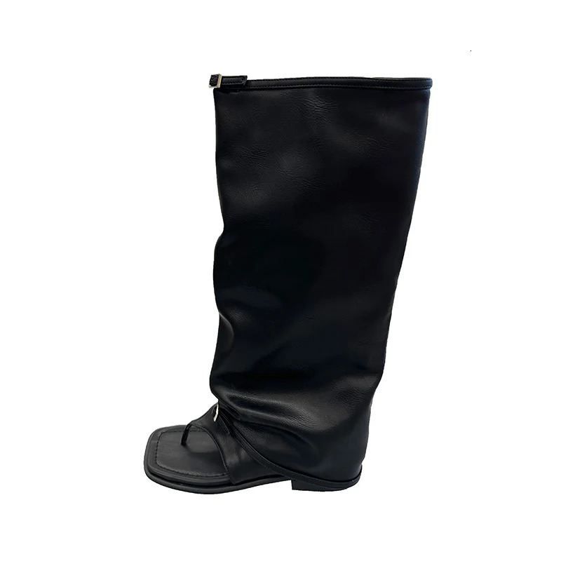 Knee High Women Cool Boots Sandals Square Toe Flats Shoes 2025 Summer Clip Toe Slippers Sexy Party Zapatillas De Mujer 250812