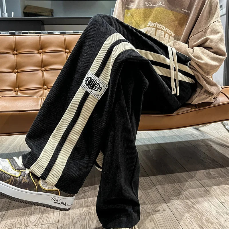 Spring Autumn Mens Corduroy Pants American Style Loose Fit Casual Striped Letter Straight Leg Couple Bell Bottoms Trendy Mo 250814