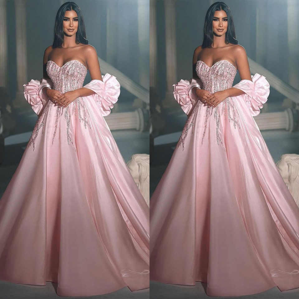 Pink Sweetheart A-line Dresses Flowers Sequins Beaded Arabic Satin Special Occasion Dresses Party Gowns Formal Banquet Party Occasions