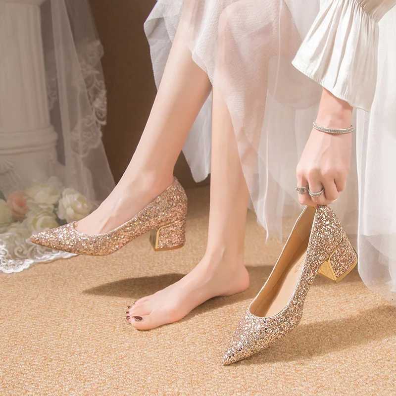 Thick Silver Glitter Heels Pumps Women Luxury Pointed Toe Party Wedding Shoes Woman Plus Size 42 Shallow High Heels Pumps Ladies W250814