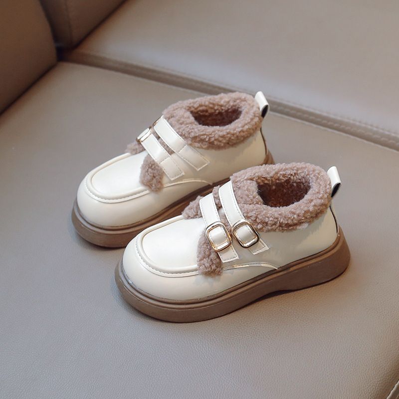 British Style Children Leather Shoes for Girls Winter 2025 Lamb Wool Warm Boys Uniform School Kids Cotton Shoes Kidsnest Plush PU Sizes US5C-US3Y