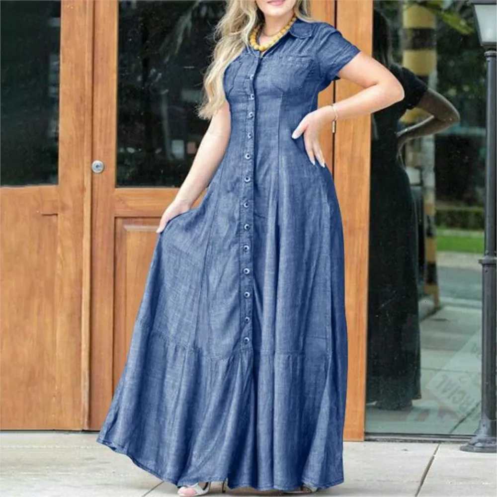 2024 Women New Lapel Pocket Splicing Casual Short Sleeve Solid Color Large Swing Denim Dress Loose Single Breasted Shirt Dress XJ250814
