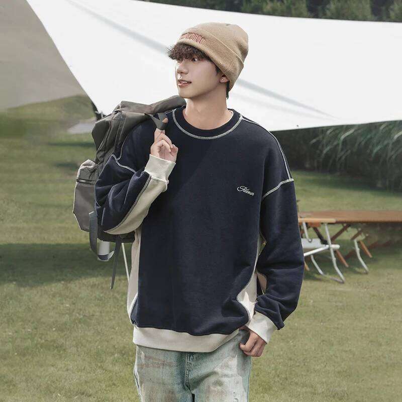 TFETTERS Brand Two Tone Splicing Men Autumn New O Neck Vintage Sweatshirts For Couples Fashion Streetwear