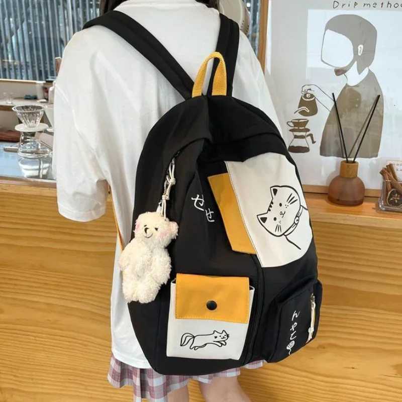 Korean Cute Cartoon Cat Womens Backpack Junior High School Students Large Capacity Nylon Waterproof Travel Backpack XJ250814