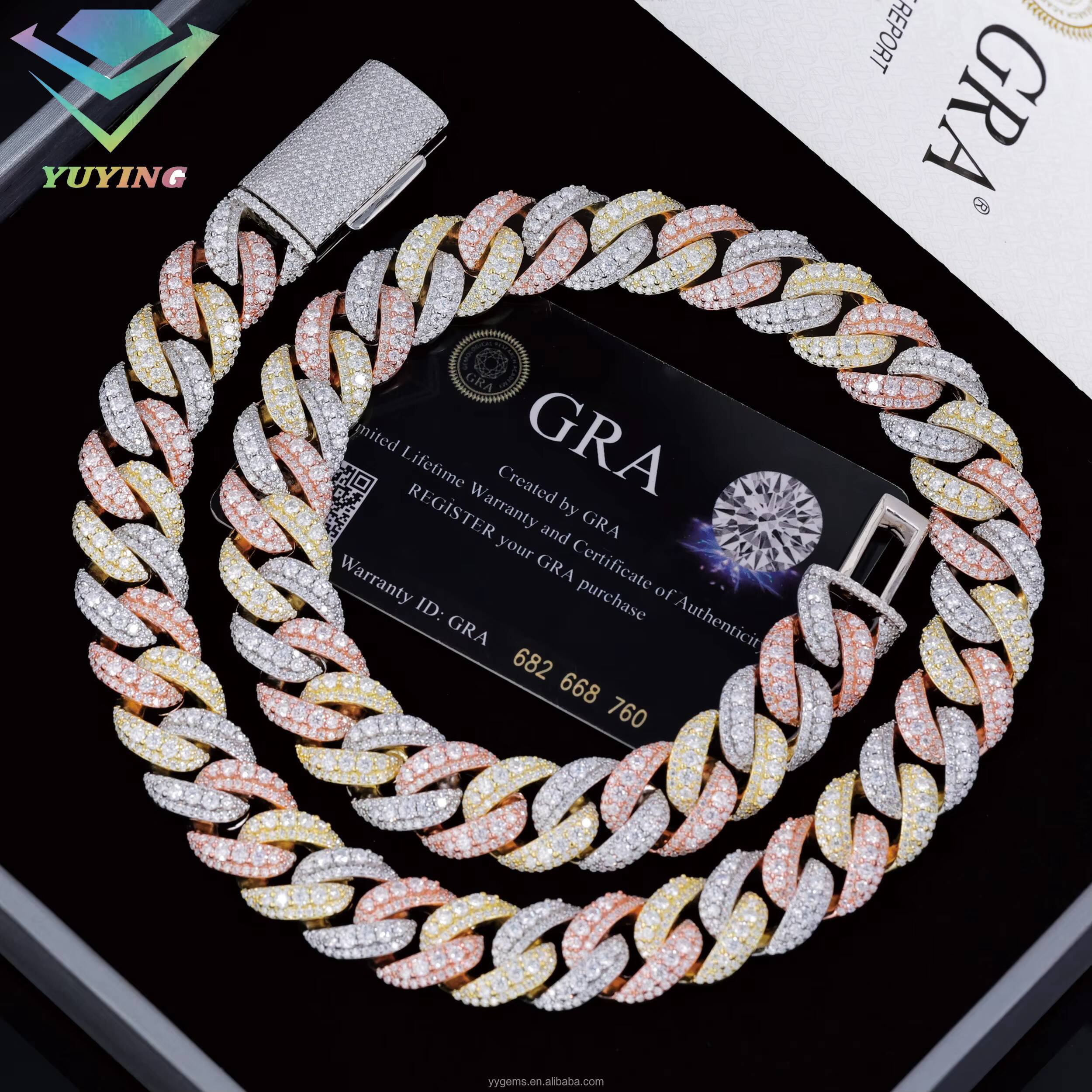 3 Tone White Rose Gold Tricolor Men Iced Out Moissanite Raised S VVS Dia Cuban Link Chain Necklace Jewelry