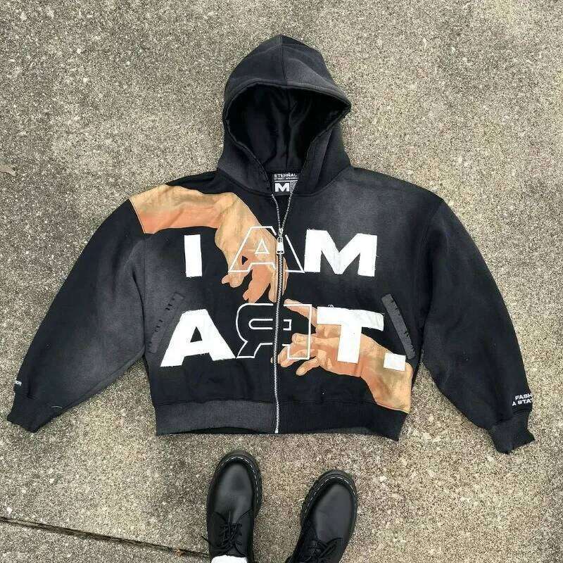 American Retro Letter Print Haruku Y2k Loose Sweatshirt Men Street Casual Fashion Couple Oversized Zipper Hoodie Women