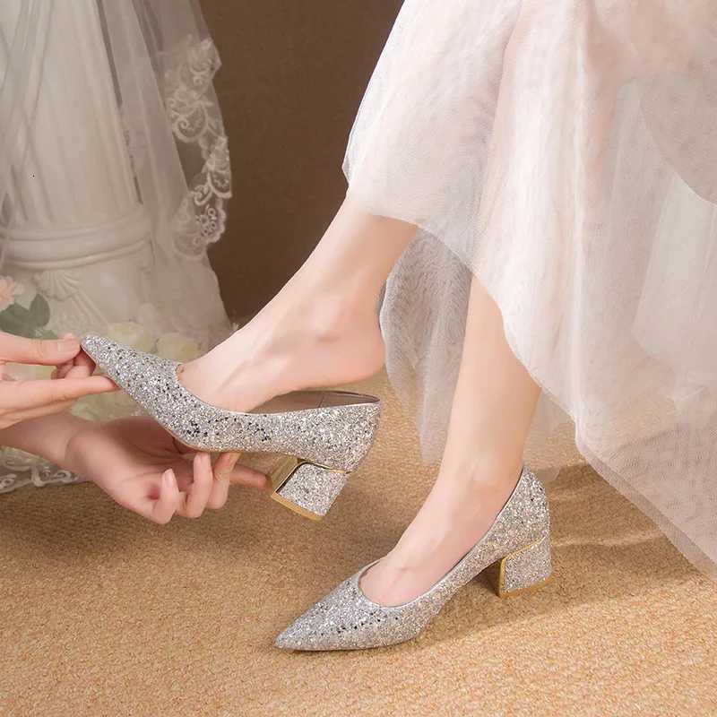 Thick Silver Glitter Heels Pumps Women Luxury Pointed Toe Party Wedding Shoes Woman Plus Size 42 Shallow High Heels Pumps Ladies W250814