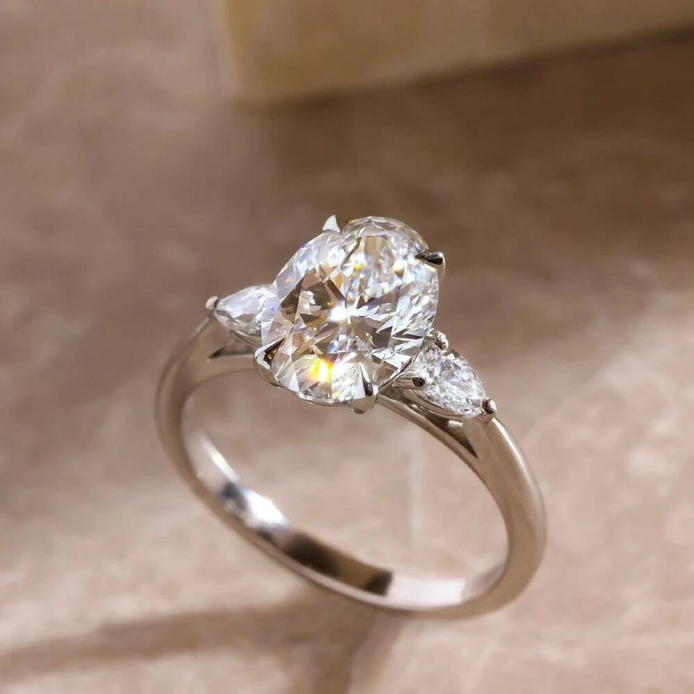 3/8carat Oval Cut Full Moissanite Engagement Ring with Pear Cut Lab Diamond 925 Sterling Silver 3-stone Wedding Rings for Women