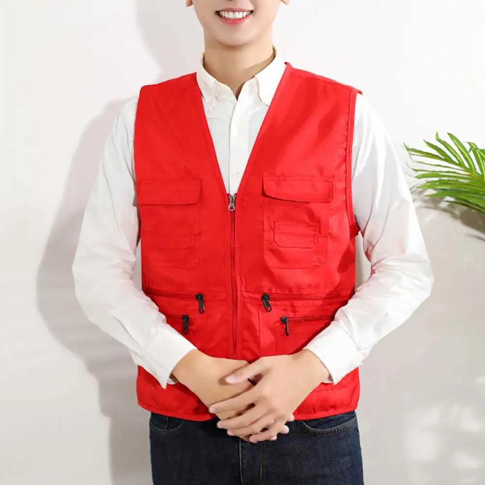 Work Clothes Vest Multi-knit Solid Color Casual Zipper Working Clothing V Neck Volunteer Vest for Fishing Y250814