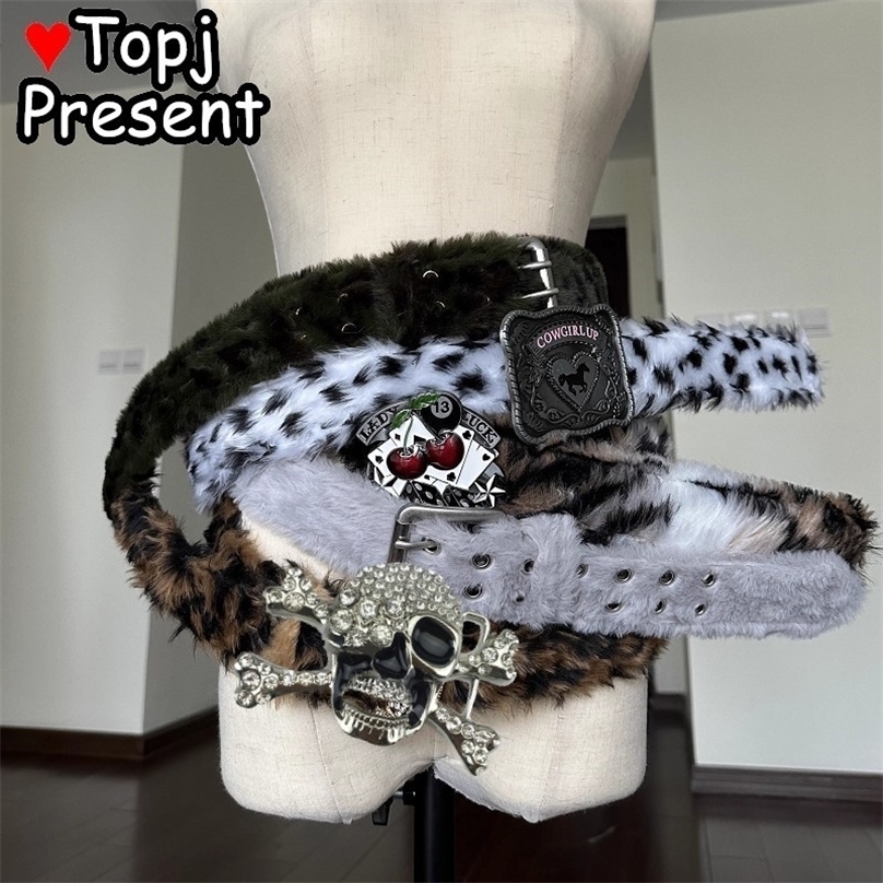 Leopard for Girl Friend Y2K Harajuku Retro Western Cowgirl Cowboy Punk Furry Fur Waist HipHop Punk Rock Streetwear Belt 250814