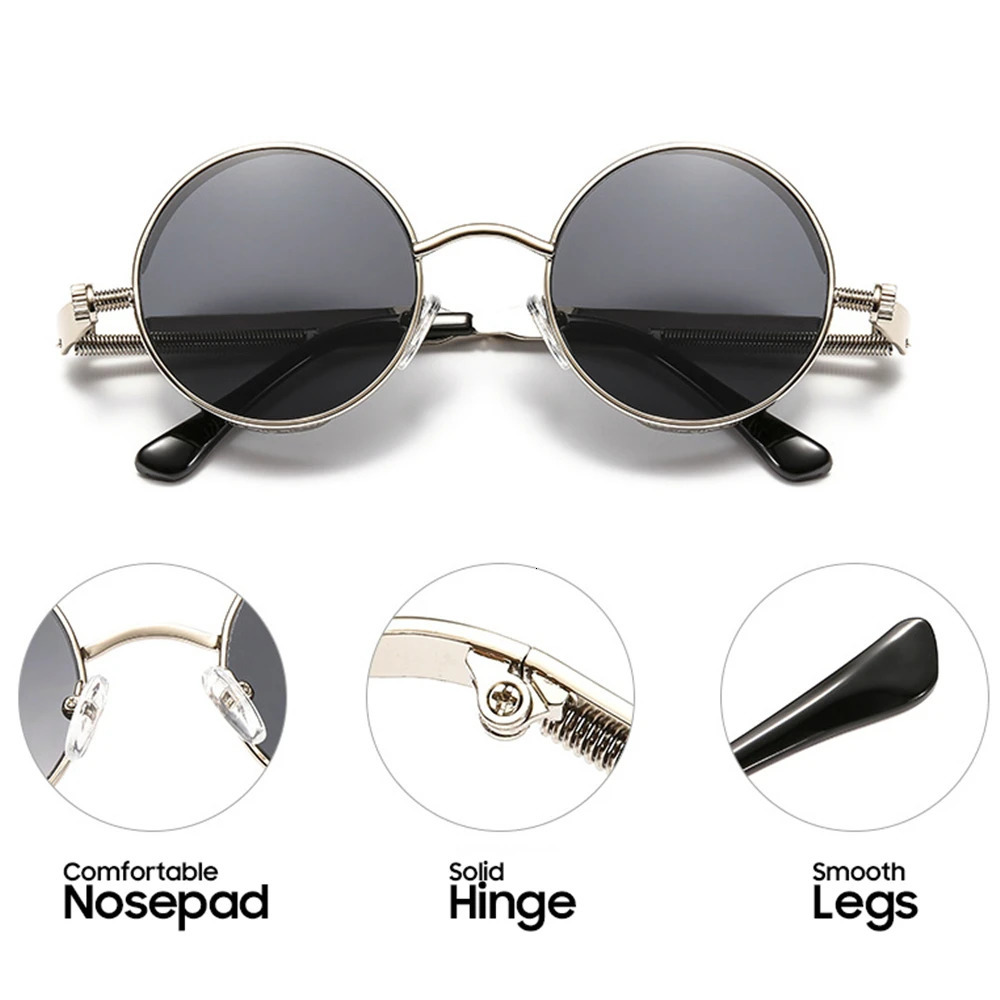 VIVIBEE Vintage Steampunk Red Sunglasses Men Round Punk Alloy Metal Retro Sun Glasse 2025 Goggles Gothic Style Shades 250804