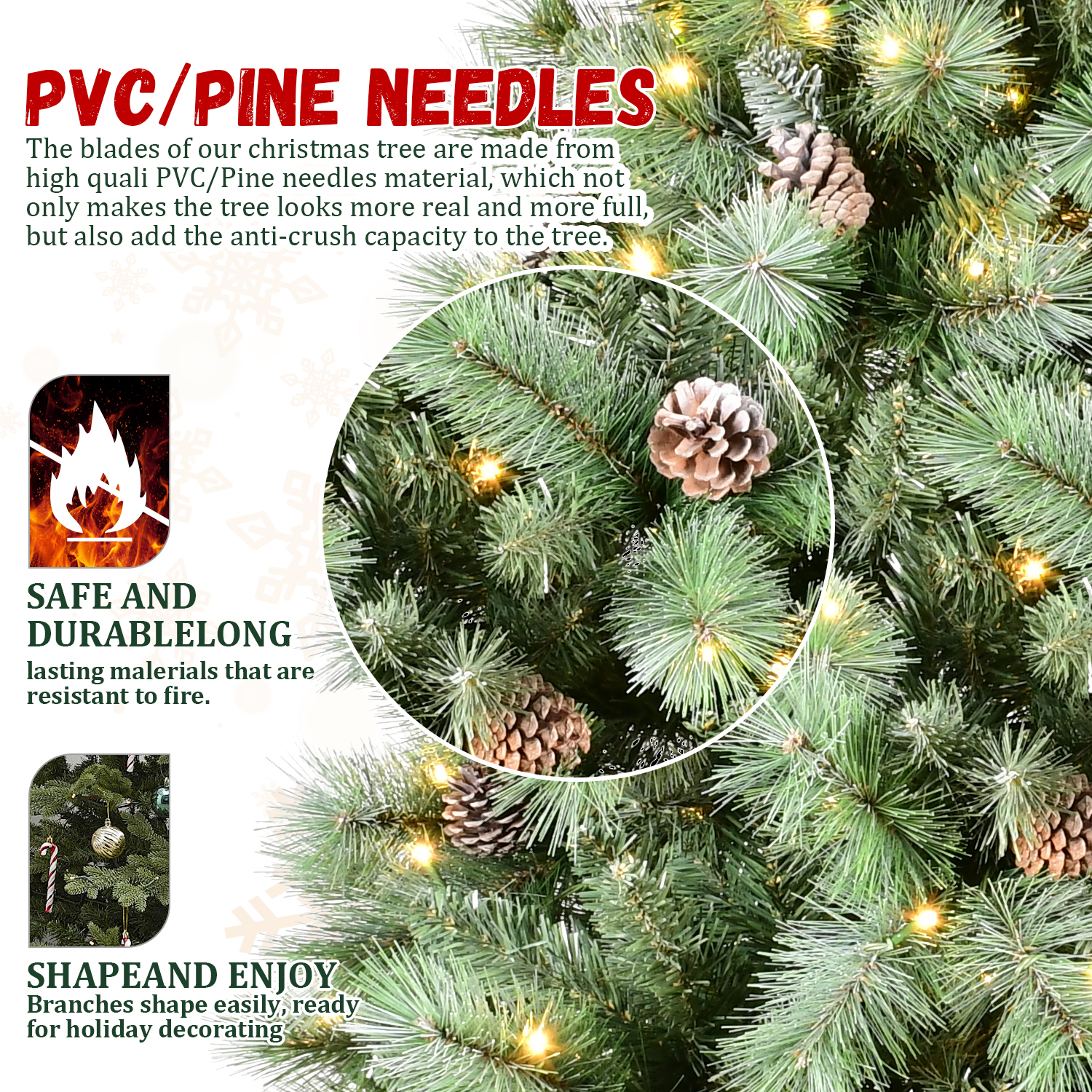Simulated Christmas tree PVC/Hard Needle Mixed, Natural pinecone, Pre-lit warm white lights, Environmentally friendly and flame-retardant