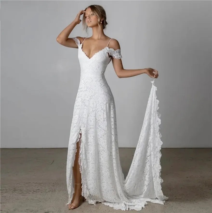 Boho Wedding Dress for Women Bride Slit Off the Shoulder Backless Lace Summer Beach Bridal Gowns Vestidos De Noiva Robes de Mariee