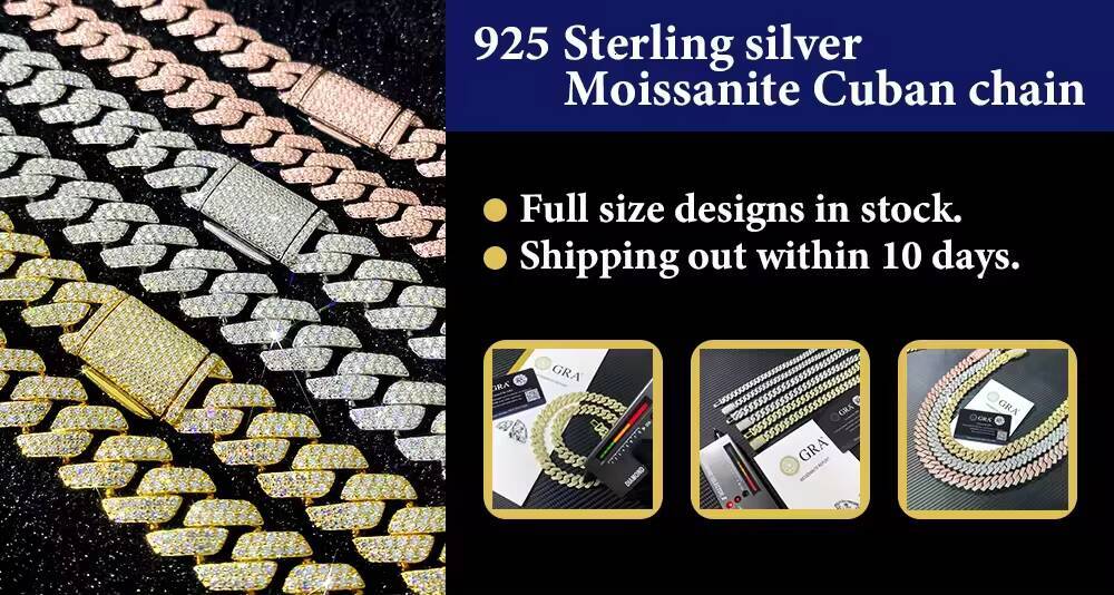 Hot Sale Cuban Link Necklace 8mm-10mm VVS Moissanite Diamond 925 Silver Gold Plated Iced Hip Hop Style Jewelry