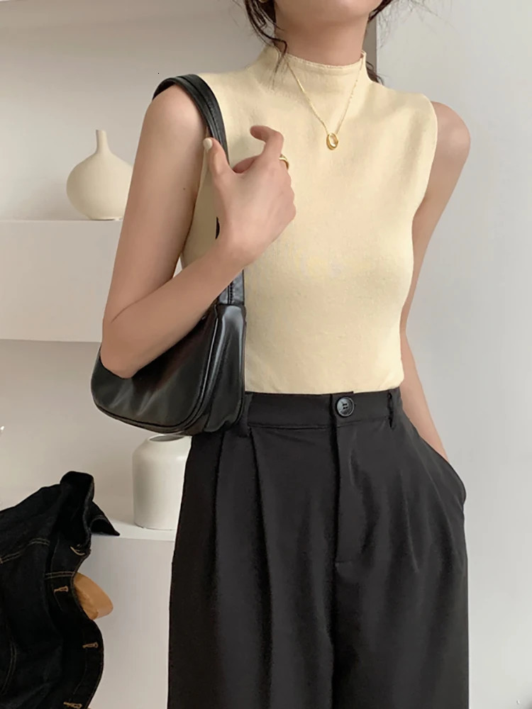Female Pullover Sexy Knitted Top Summer Half High Collar Tank Top Women Camisole Blouse Sleeveless Slim Top Casual Camis 250813