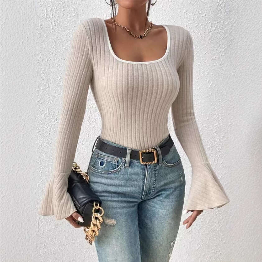 Solid Color Velvet Ribbed Women's Long designer t shirt Flared Sleeve Base Shirt Slim Fit