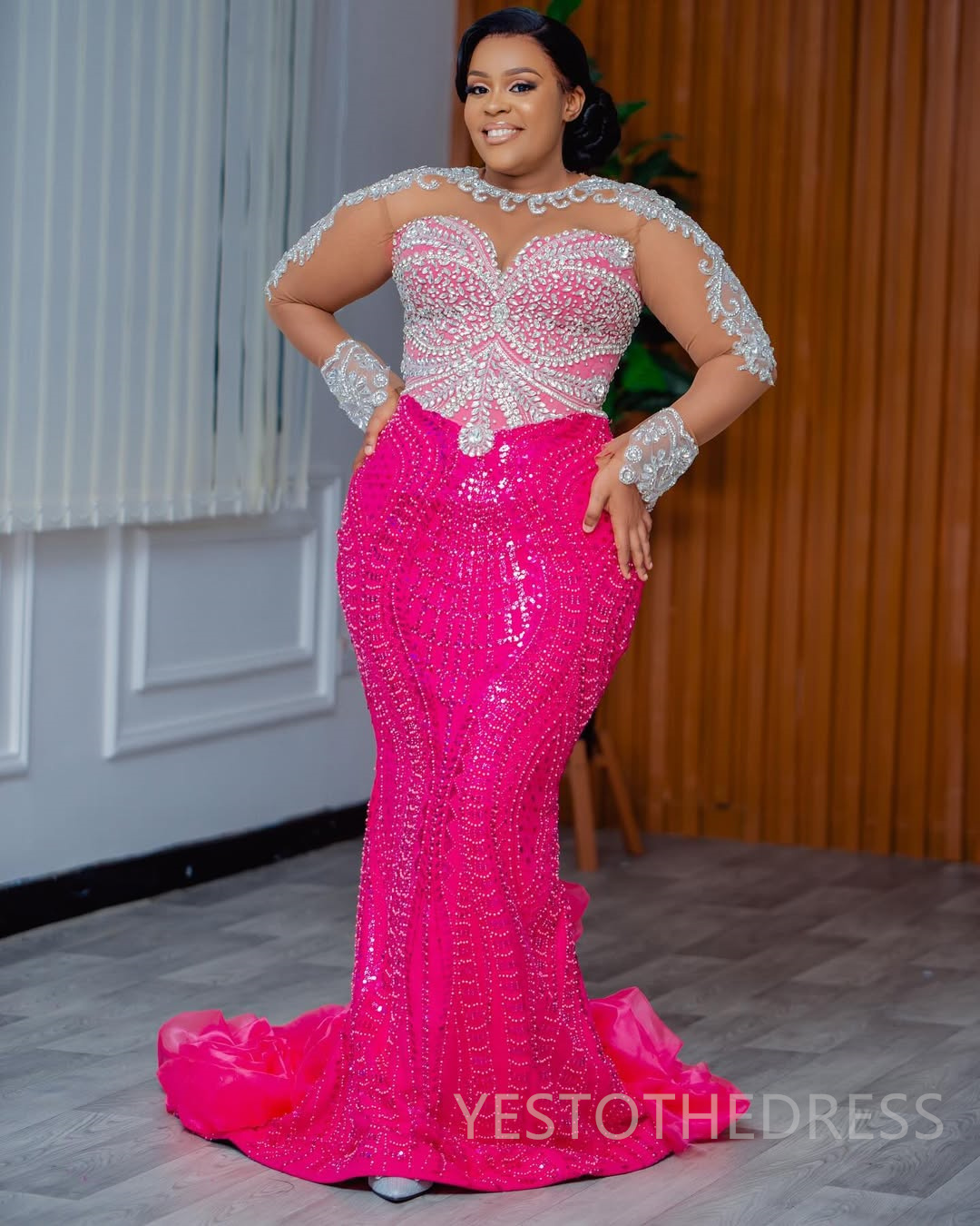 2025 Plus Size Fuchsia Mermaid Prom Dresses Aso Ebi Beaded Lace Appliqued Crystals Rhinestones Long Sleeves Illusion Birthday Dress Second Reception G