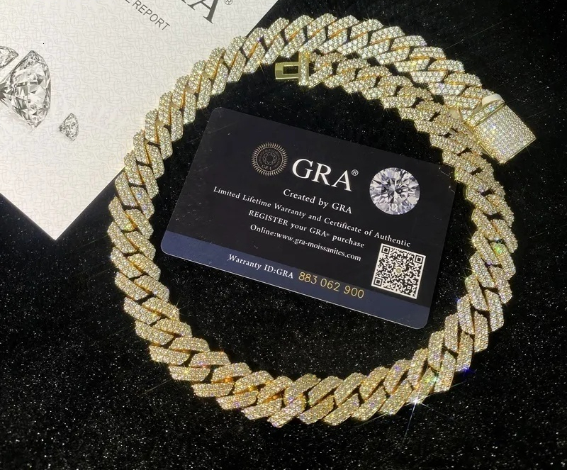 VVS Moissanite Pass Dia Tester Tone Miami Cuban Link Chain 12mm 14mm 18mm 20mmHip Hop Necklace Bracelet Men Jewelry